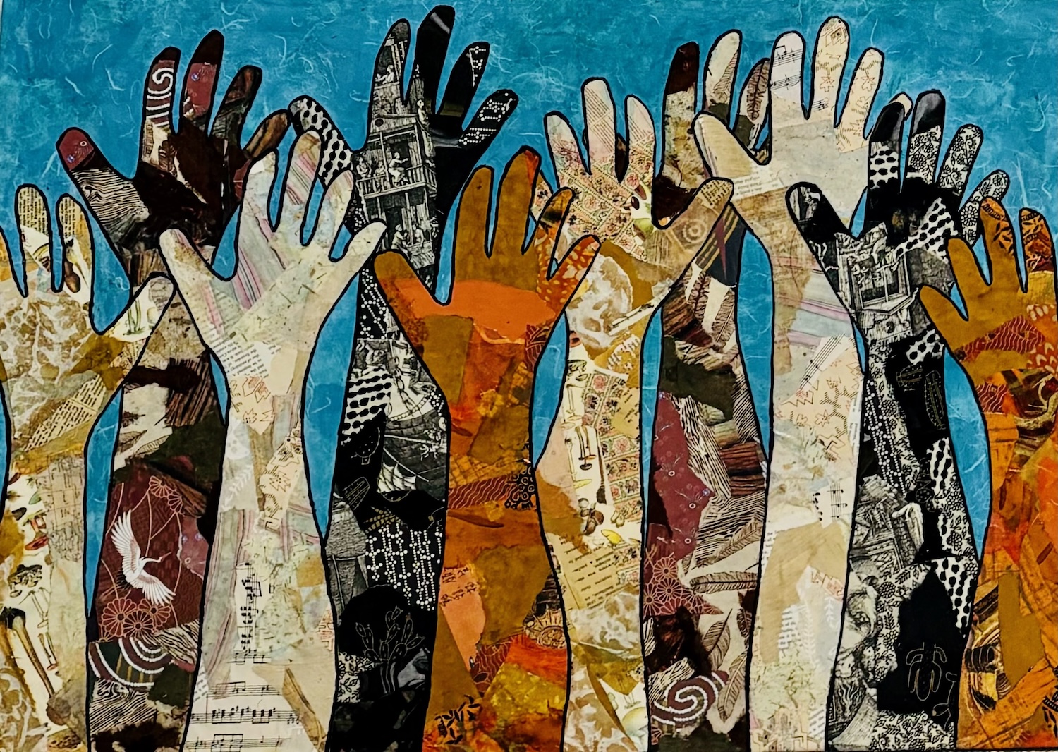 Muti-racial hands raised in eagerness together.