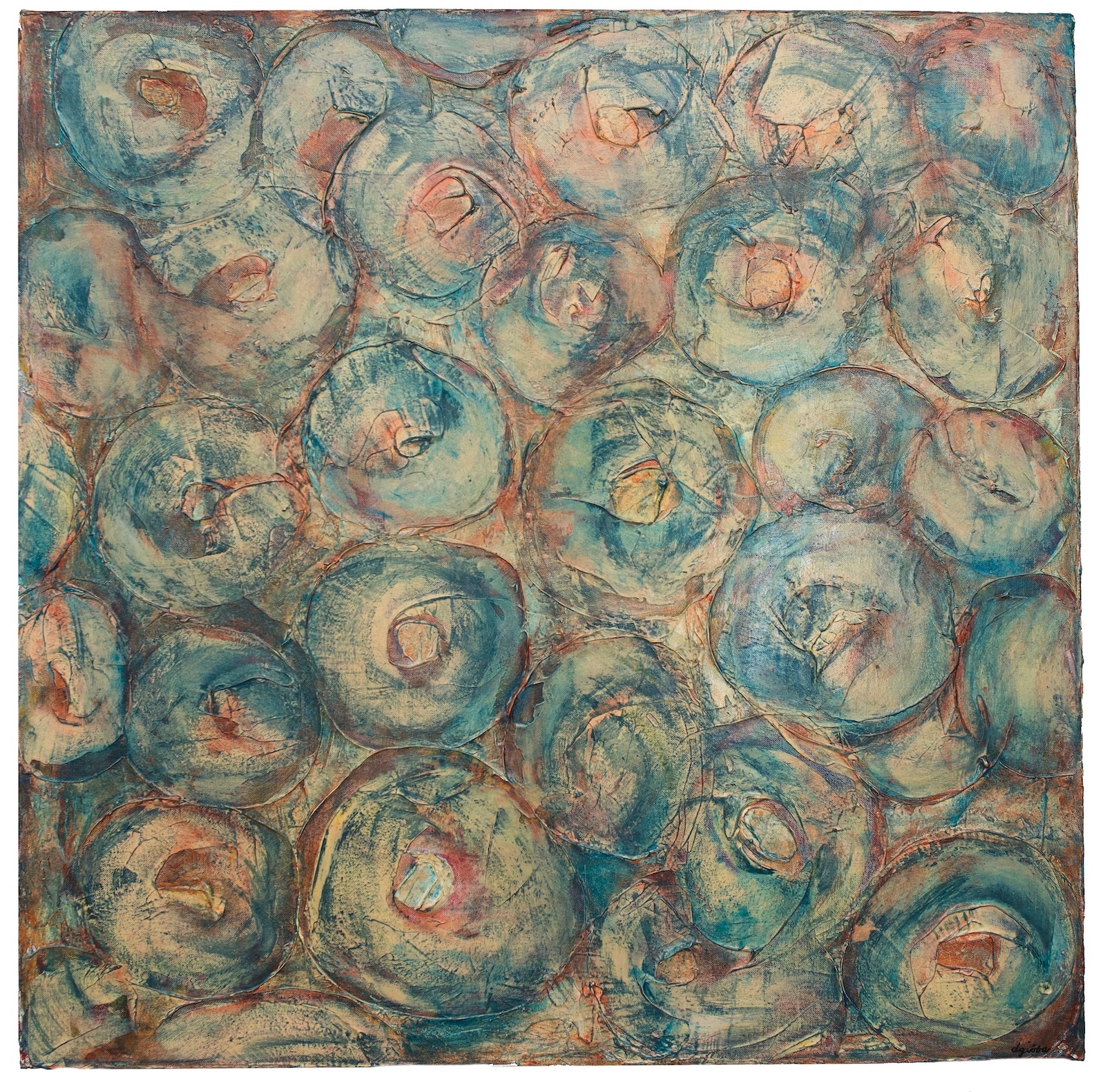 swirling circles of pinks and blues and soft yellow