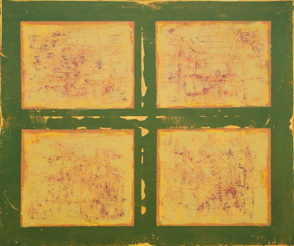 four warm yellow rectangles like window panes and a green frame