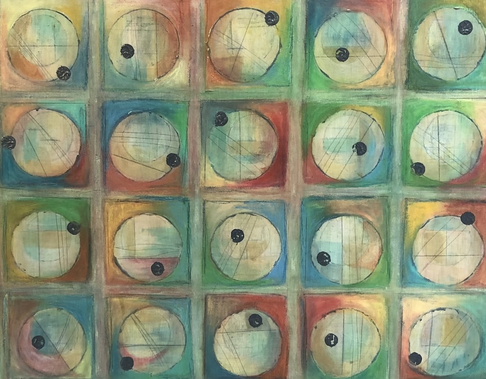 36 square grid with circles within, reds, greens, blues, yellows