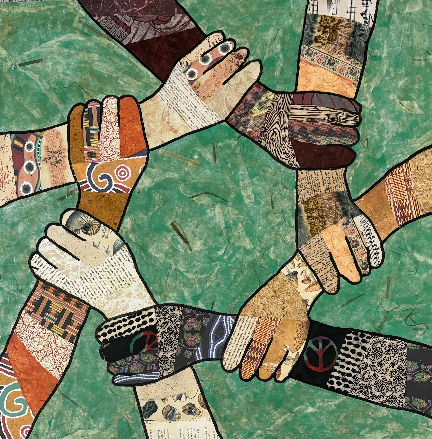 7 diverse hands connected together -pattern diverse skin tones on green background