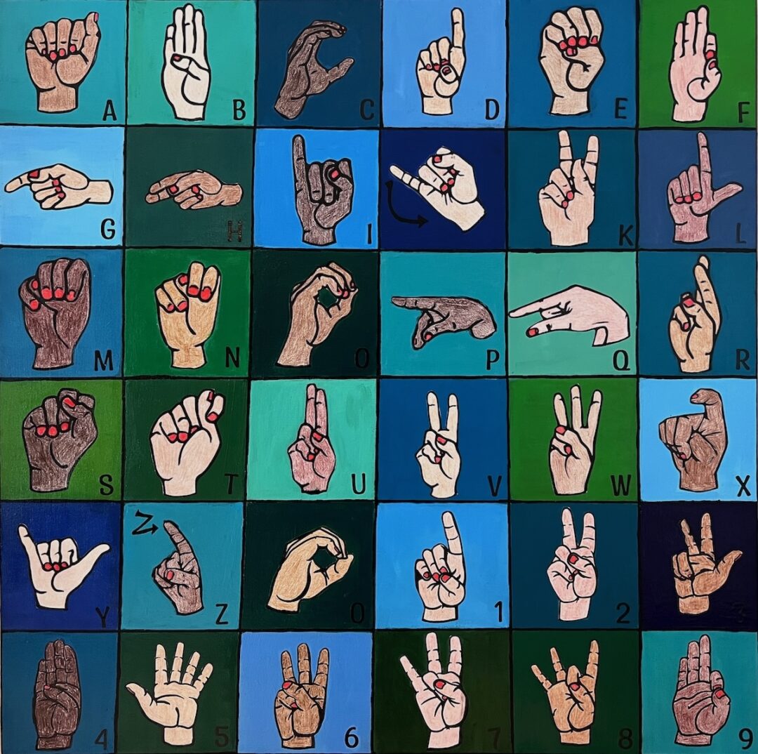 American Sign Language alphabet letters on blue and green squares