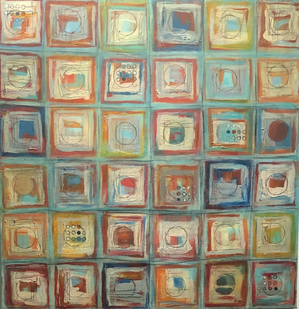 36 squares with squares and circles within, pastel colors