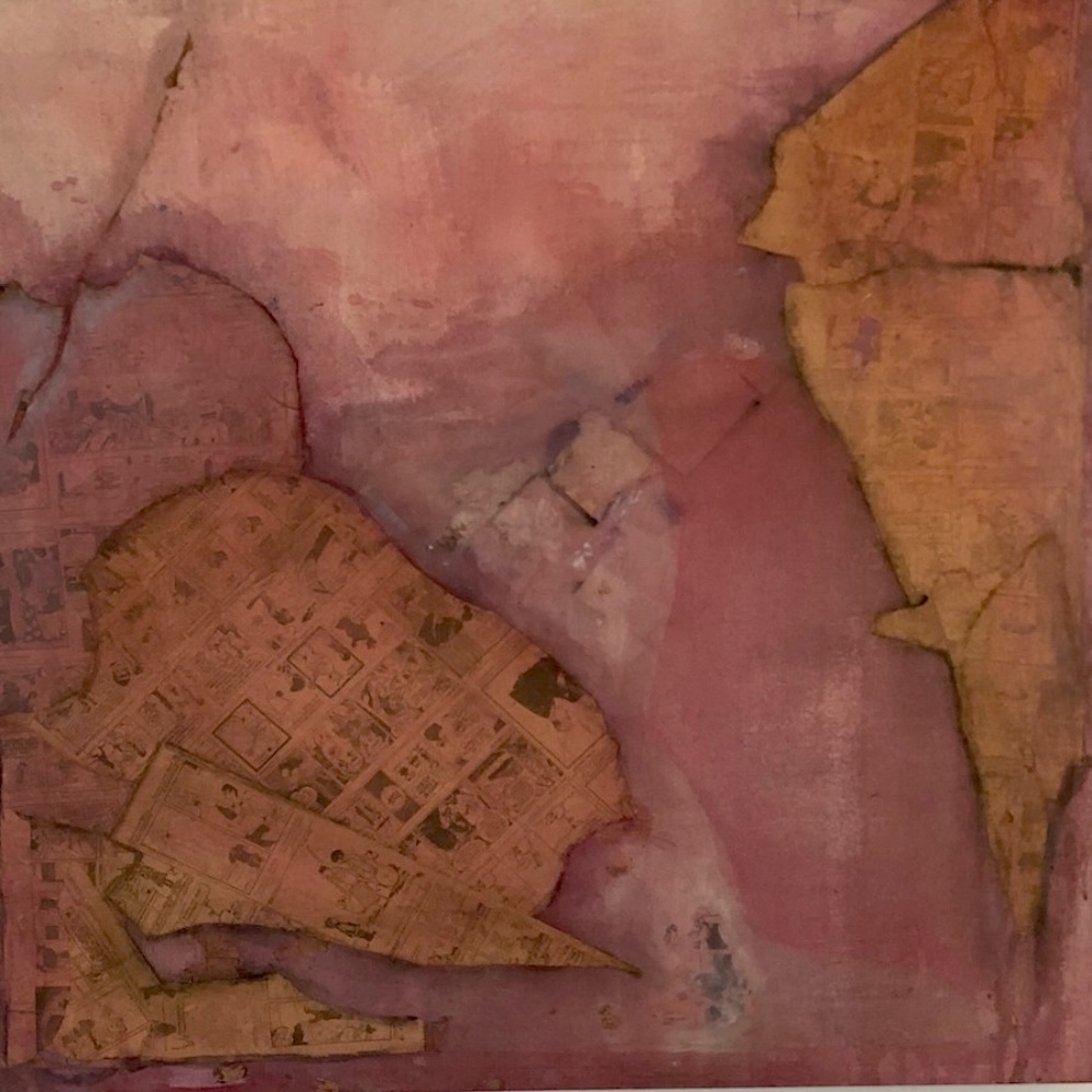 newspaper covered land masses and pinks like water