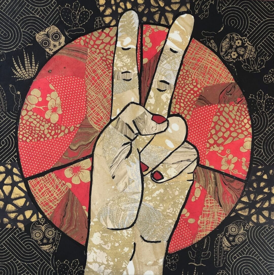 Peace symbol with two-fingers peace sign in front with red, beiges, gold and black.