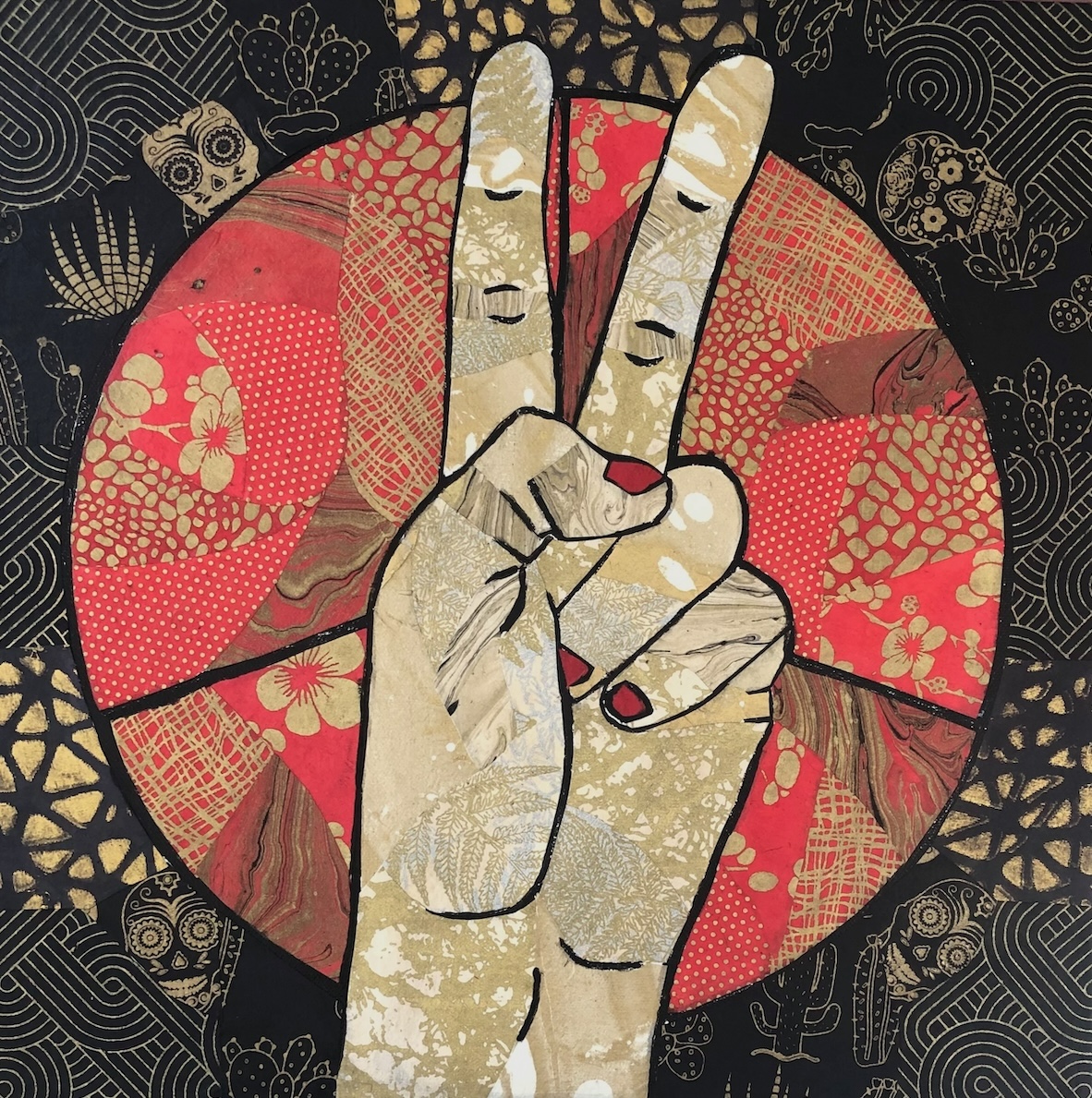 Peace symbol with two-fingers peace sign in front with red, beiges, gold and black.