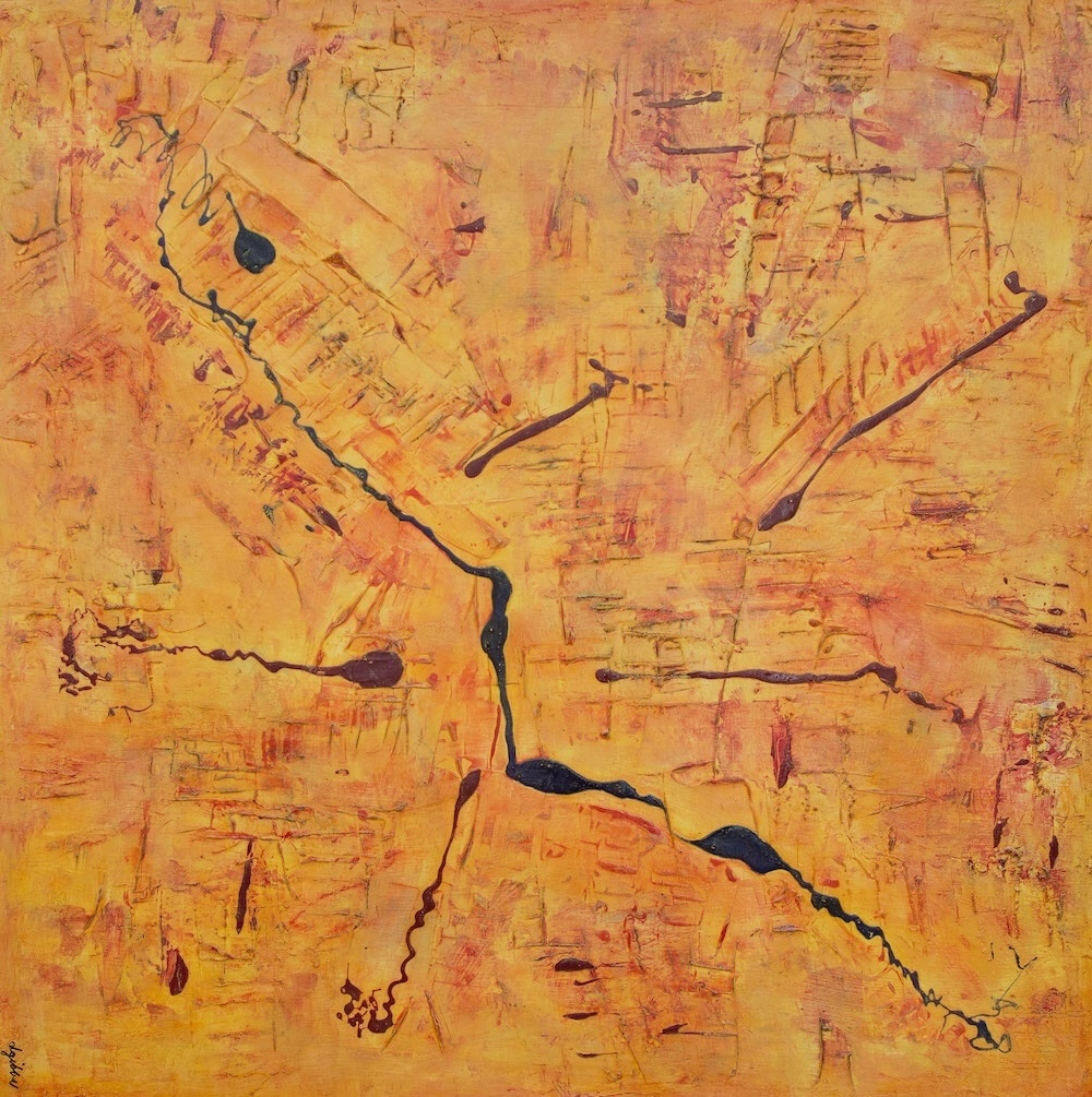 bright yellow with reddish texture with wire-like lines radiating from center in dark red
