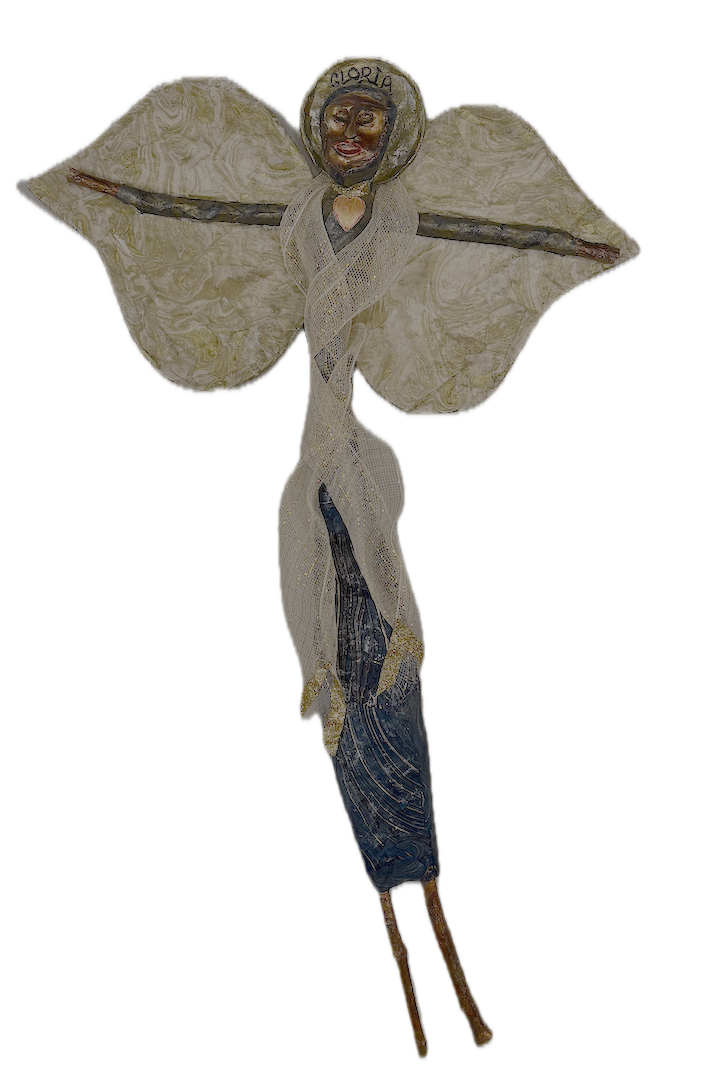 large guardian angel plaster, paper, cloth, acrylic, hanger attached