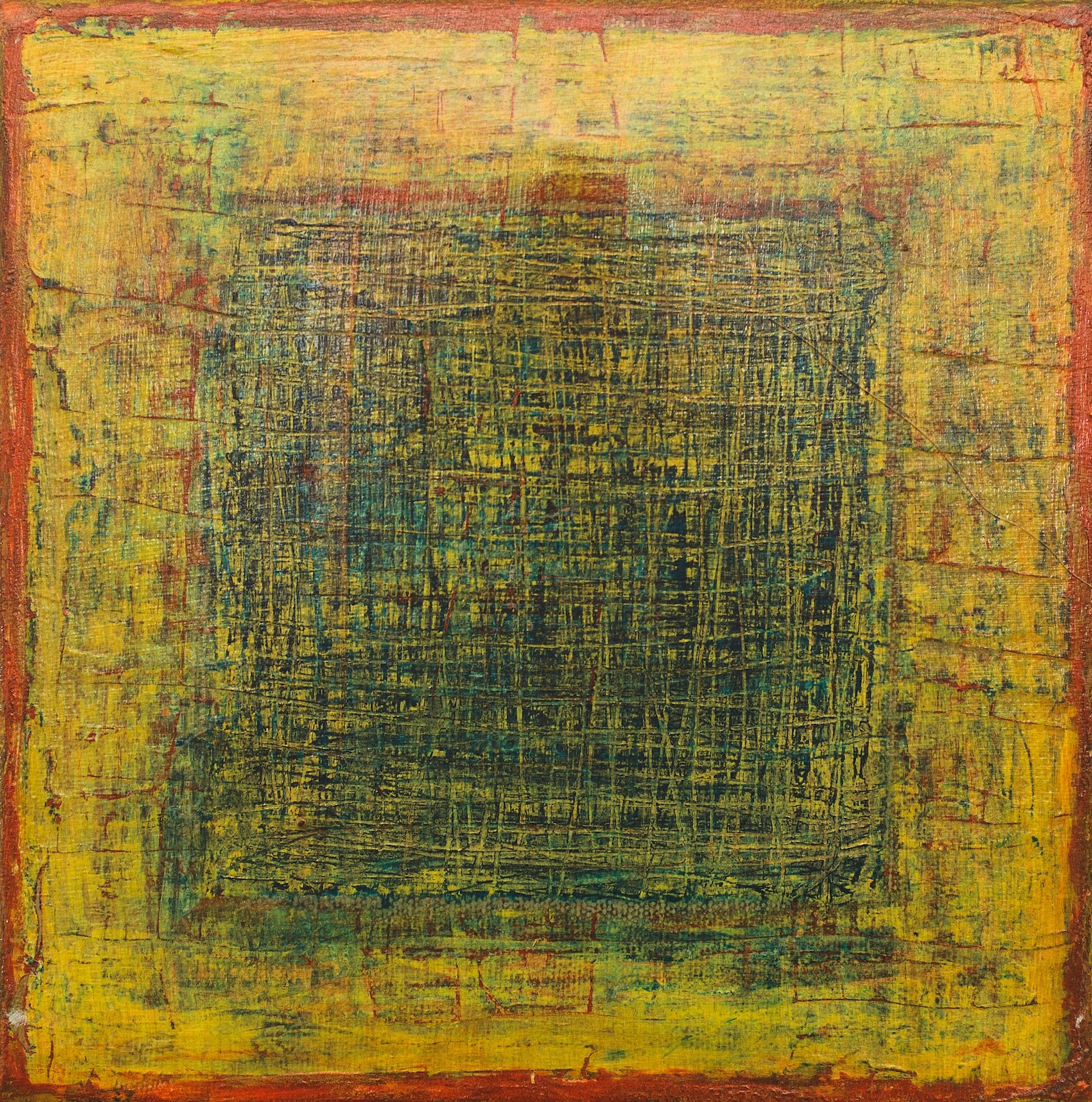 richly textured abstract in golds, mustard, yellow, reds