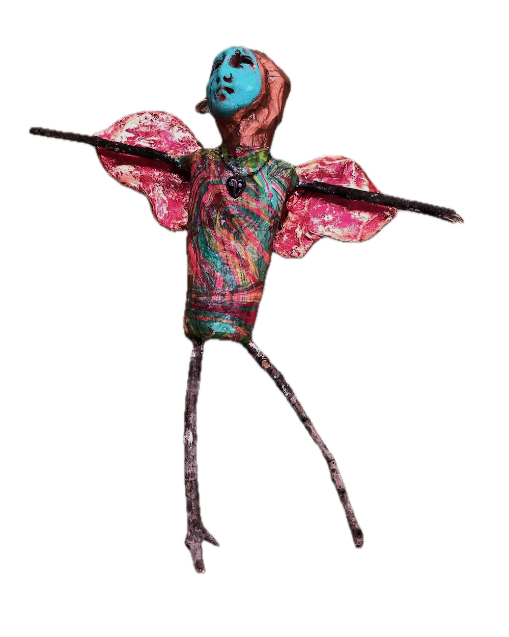 multi-colored angel made of sticks and plaster--teals and pinks