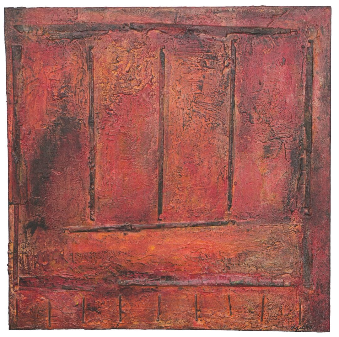 rustic red with pieces of old metal, looking like an old barn