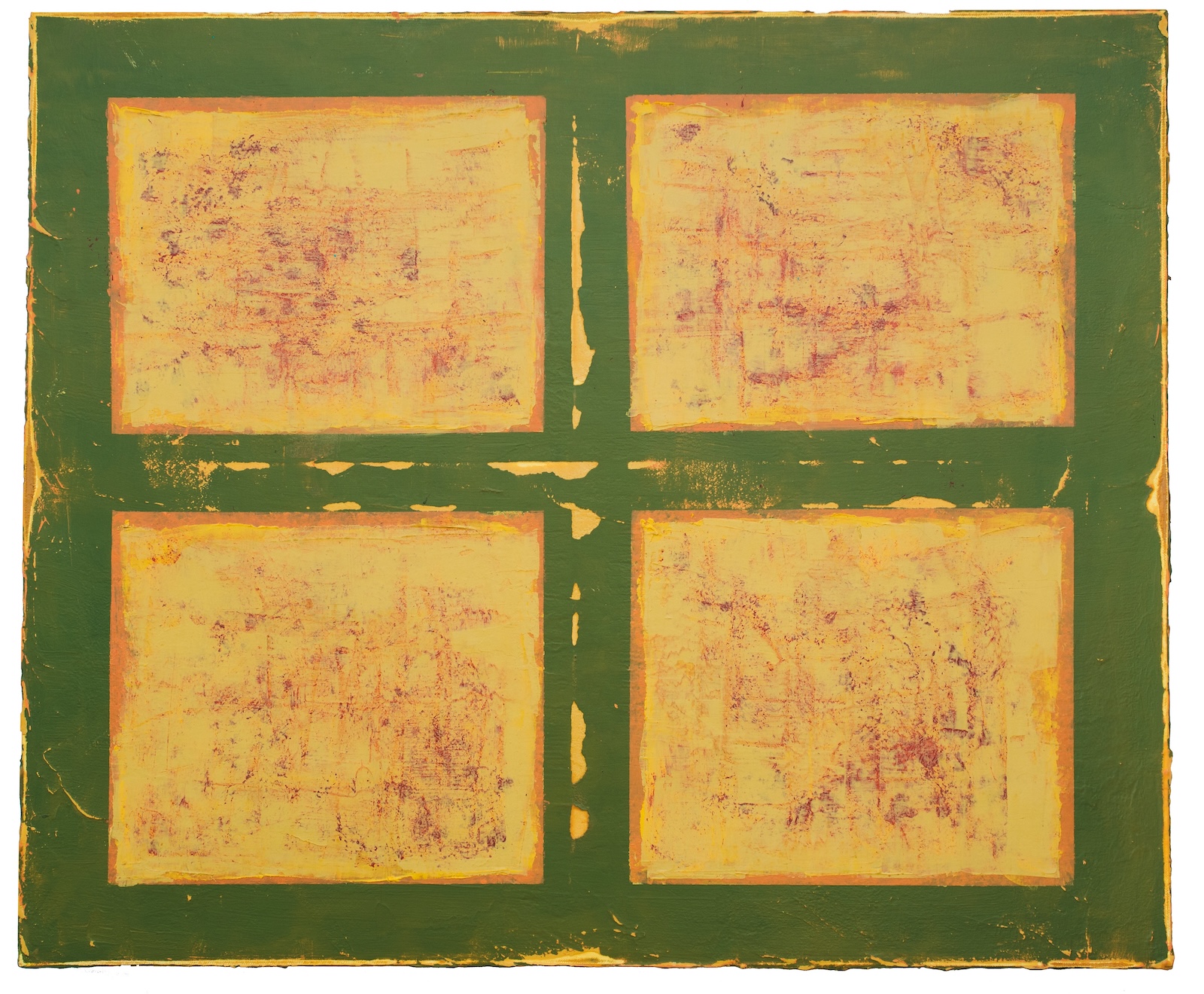 richly textured abstract in golds, mustard, yellow, reds
