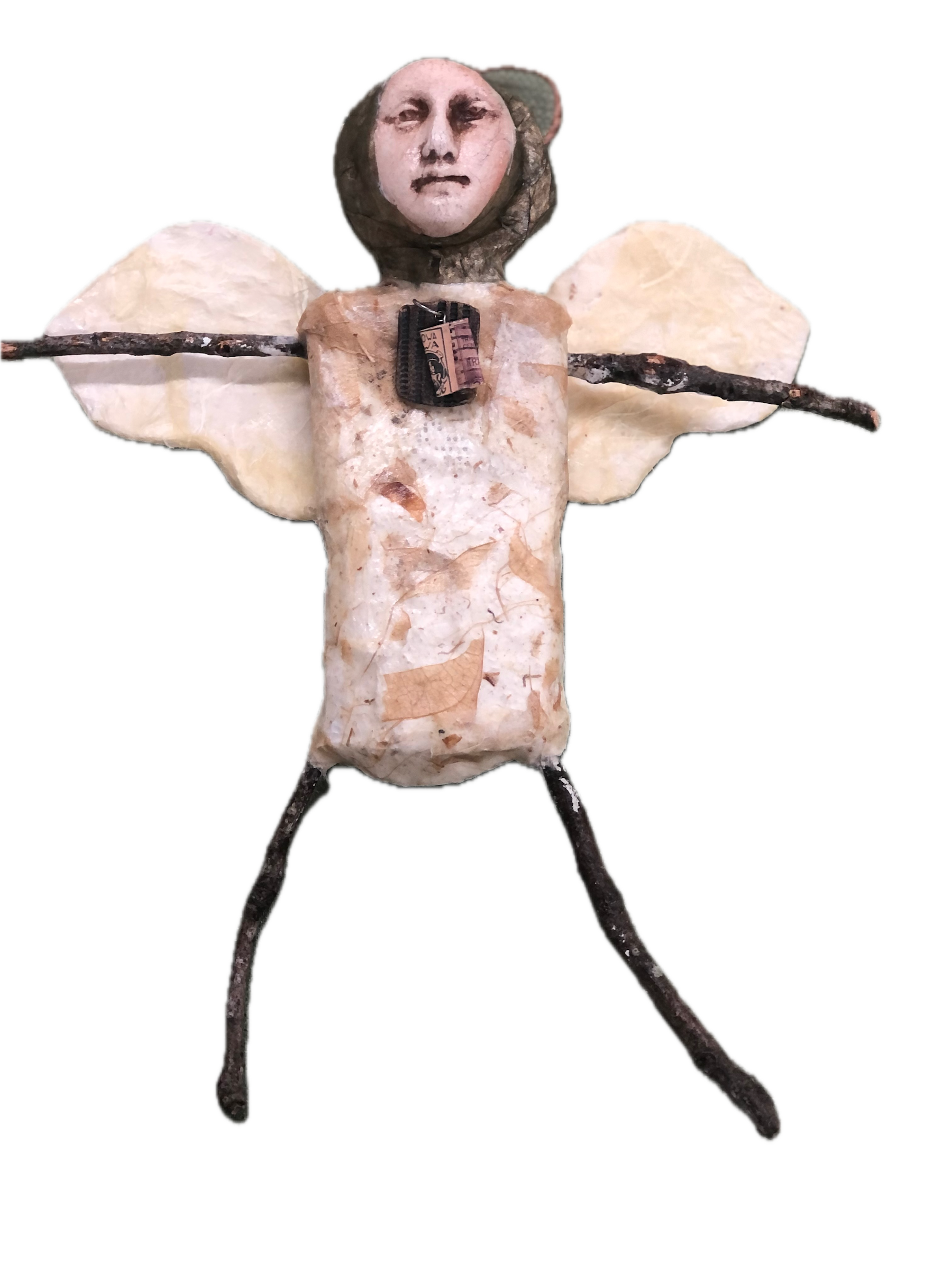 Angel made of plaster and sticks with ceramic head