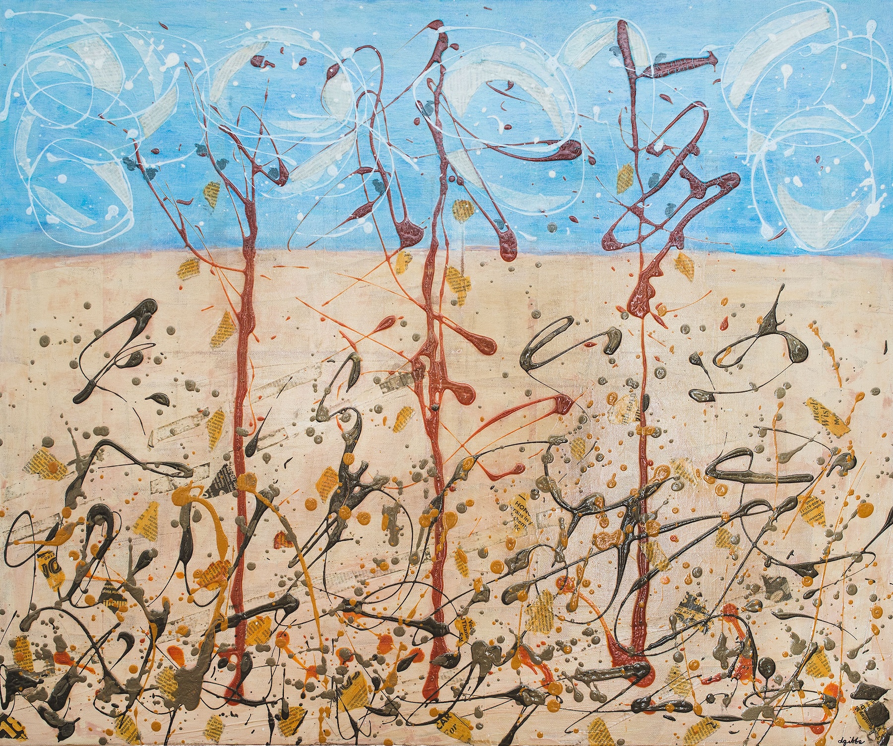3 trees with leaves almost gone on a windy fall day, pale blue sky with bits of cloud